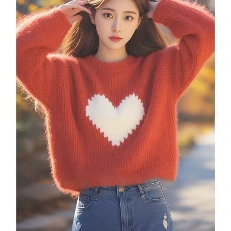 Fashion Love Embroidered Warm Color Knitwear Women Autumn Winter Simplicity Office Lady Sweater Sweet All-match Knitting Tops