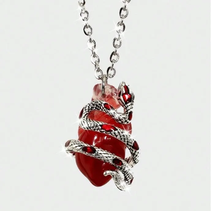 Silver Plated Snake Red Anatomical Heart Necklace Gothic Pendant, Anatomical Heart Love, Serpent Jewelry, Gothic Gift