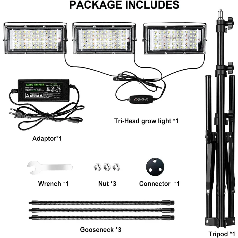 Imagem -06 - Tri-head Led Planta Luz com Stand Espectro Completo 150 Leds Temporizador 12h Níveis Reguláveis Plantas de Interior