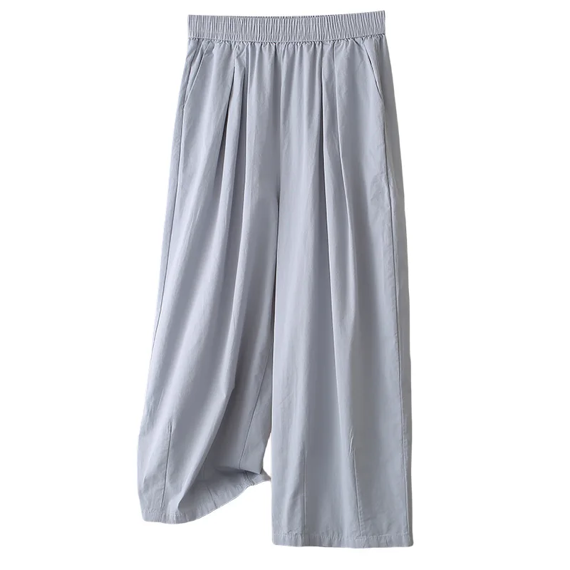 

100KG Summer New Simple Thin Washed Cotton Wide Leg Pants Plus Size Women's Elastic Waist Ankle Style Bottoms