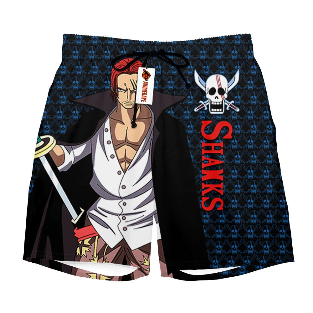 

2026 New One Piece Shanks Red Hair Skull Pattern Print Quick Dry Shorts Men Casual Beach Wear Gym Workout Sports Board Shorts
