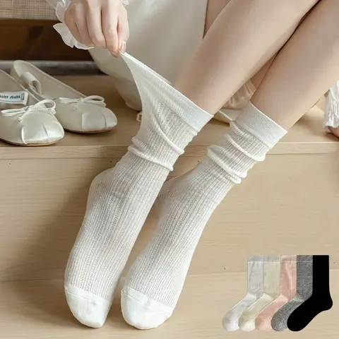 1 쌍 여성 얇은 속이 빈 긴 느슨한 양말 JK 로리타 스위트 걸스 일본 솔리드 컬러 통기성 코튼 봄 여름 스타킹
