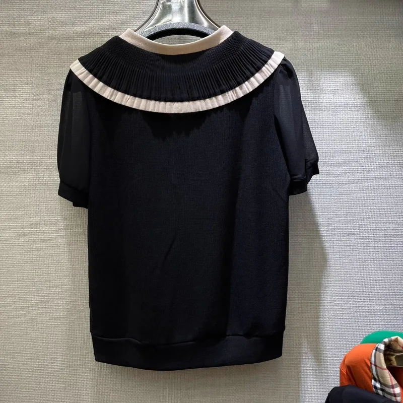 Fashion Summer Women Tops Short Sleeve V-Neck Black Sweater Women Blusas Mujer De Moda 2024 Verano Knitted Women Sweater G627