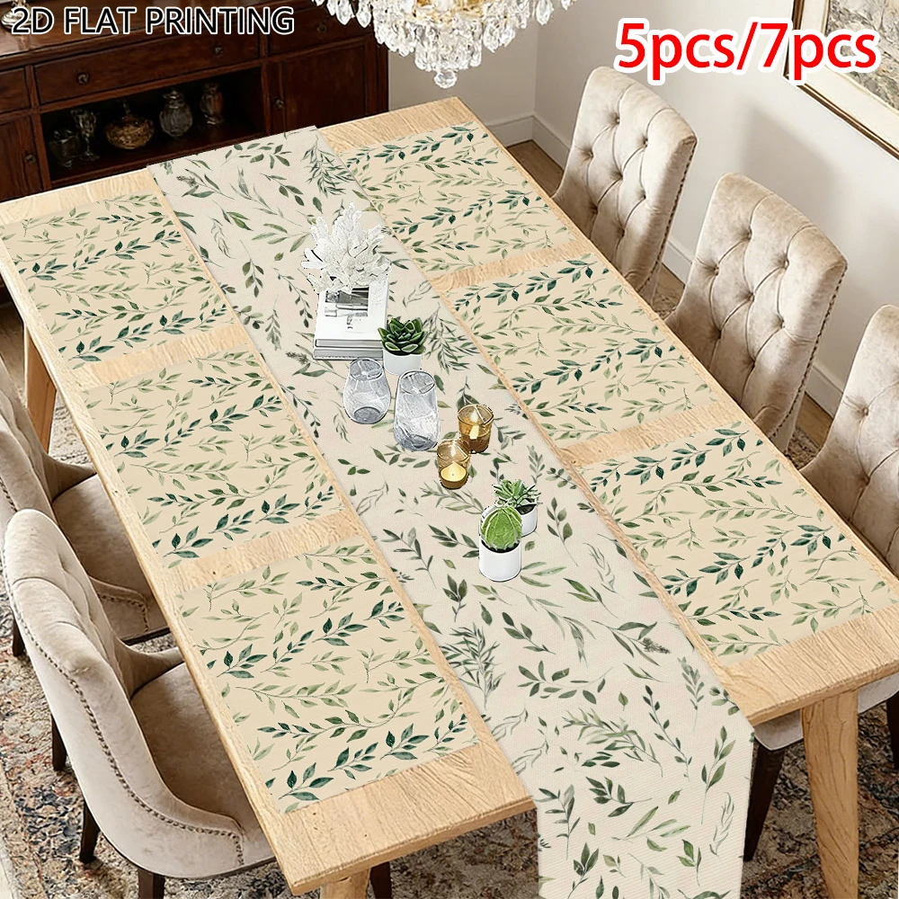 1pc Spring Green Leaf Foliage Theme Table Runner and Placemat for Farmhouse Dinner Event Decor for Home Owner