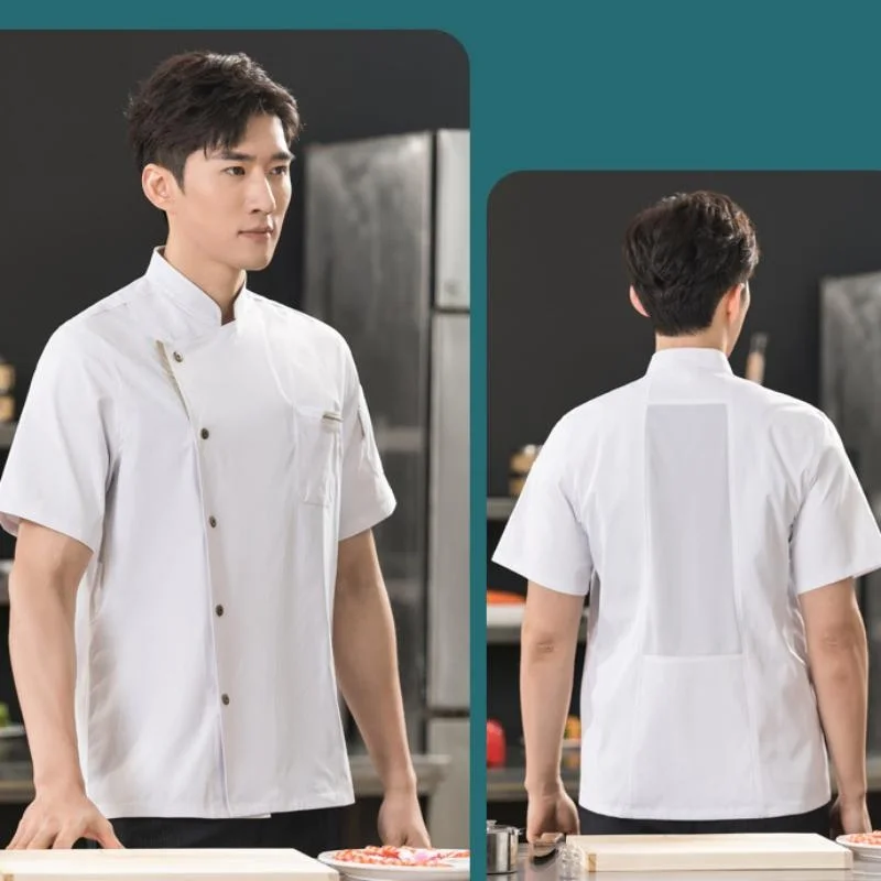 Chaqueta de chef profesional para hombre, uniforme de camarero de cocinero de cocina de manga corta de algodón