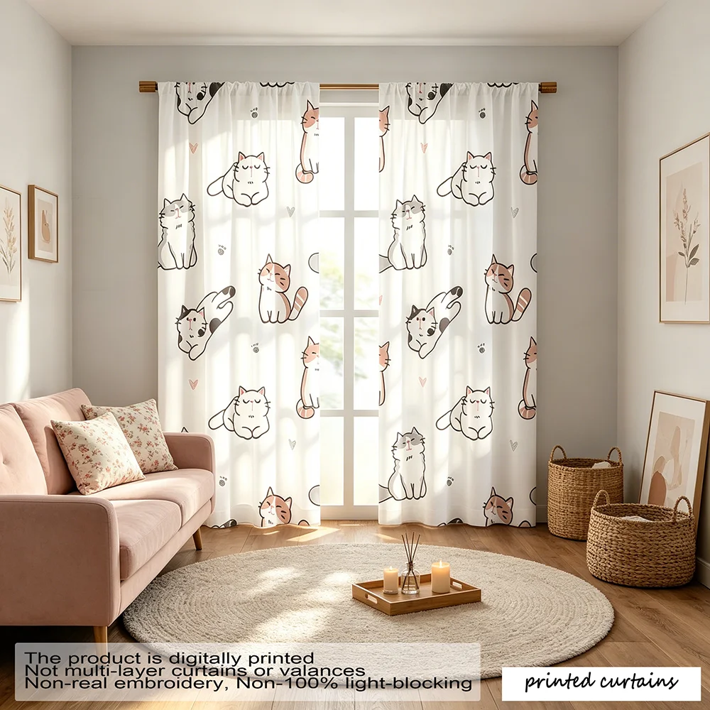 2pcs Cute Cartoon Cat Printed Curtains, Thermal Insulation and Light Blocking Bedroom Kitchen Living Room Decoration Fiber
