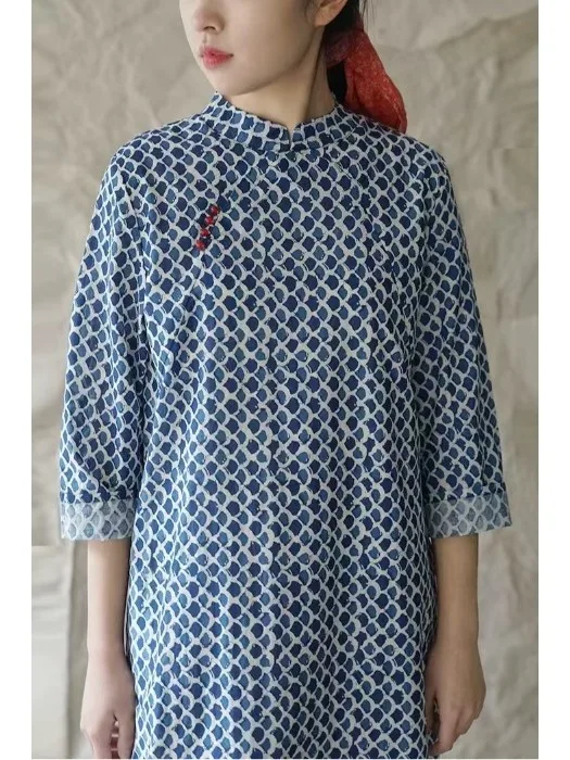 Artistique n coton lin Dr Zen ethnique Sle thé Costume taille ample longue Sve jupe trapèze pour tenue décontracté