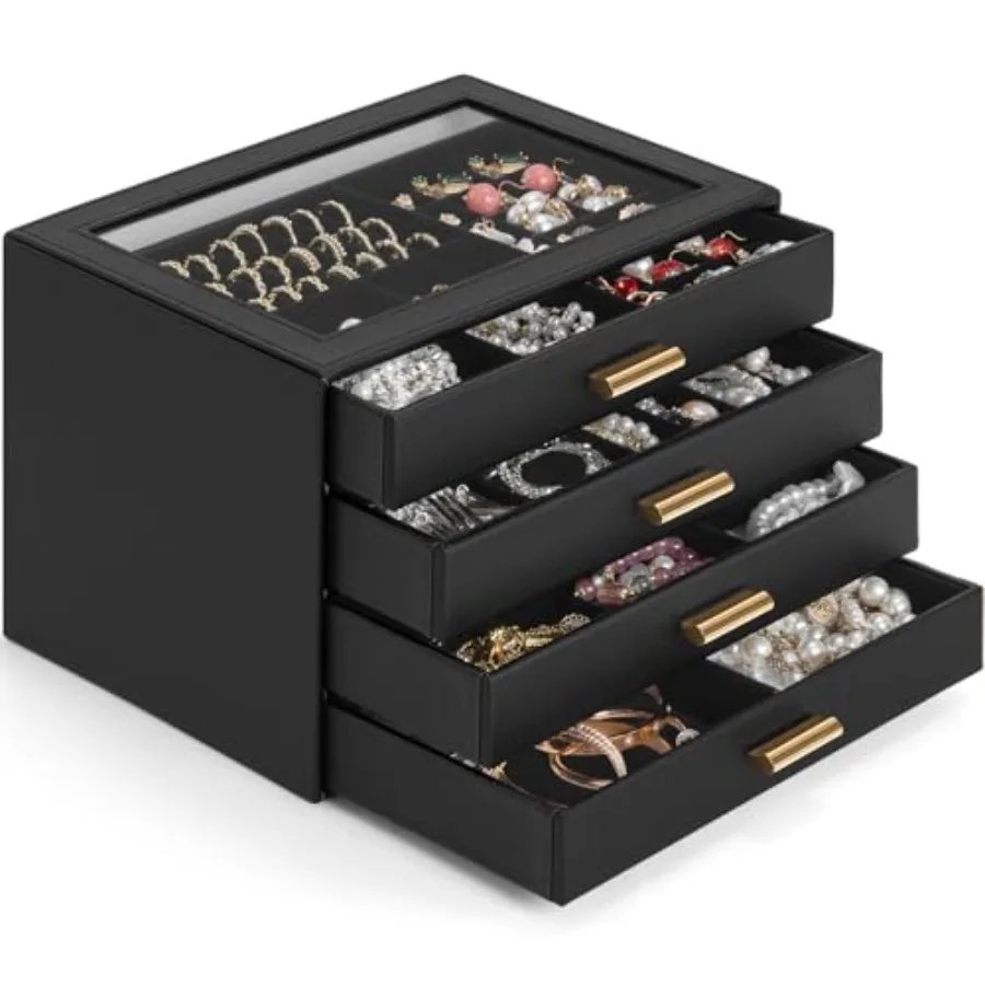 

Шкатулка для драгоценностей с прозрачной крышкой, функциональный кожаный органайзер для хранения ювелирных изделий, чехол с 4 ящиками для женщин и девочек, ожерелье, кольцо, браслет E