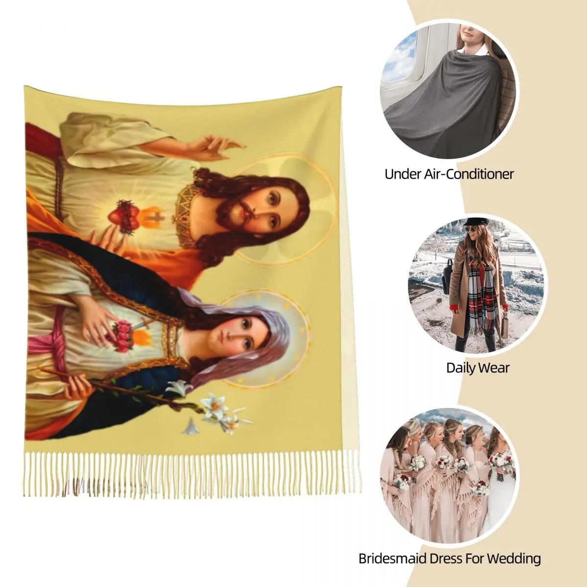 Sacred And Immaculate Heart Of Jesus And Mary Scarf for Women Warm Winter Pashmina Shawl Wrap Long Scarves with Tassel Ladies