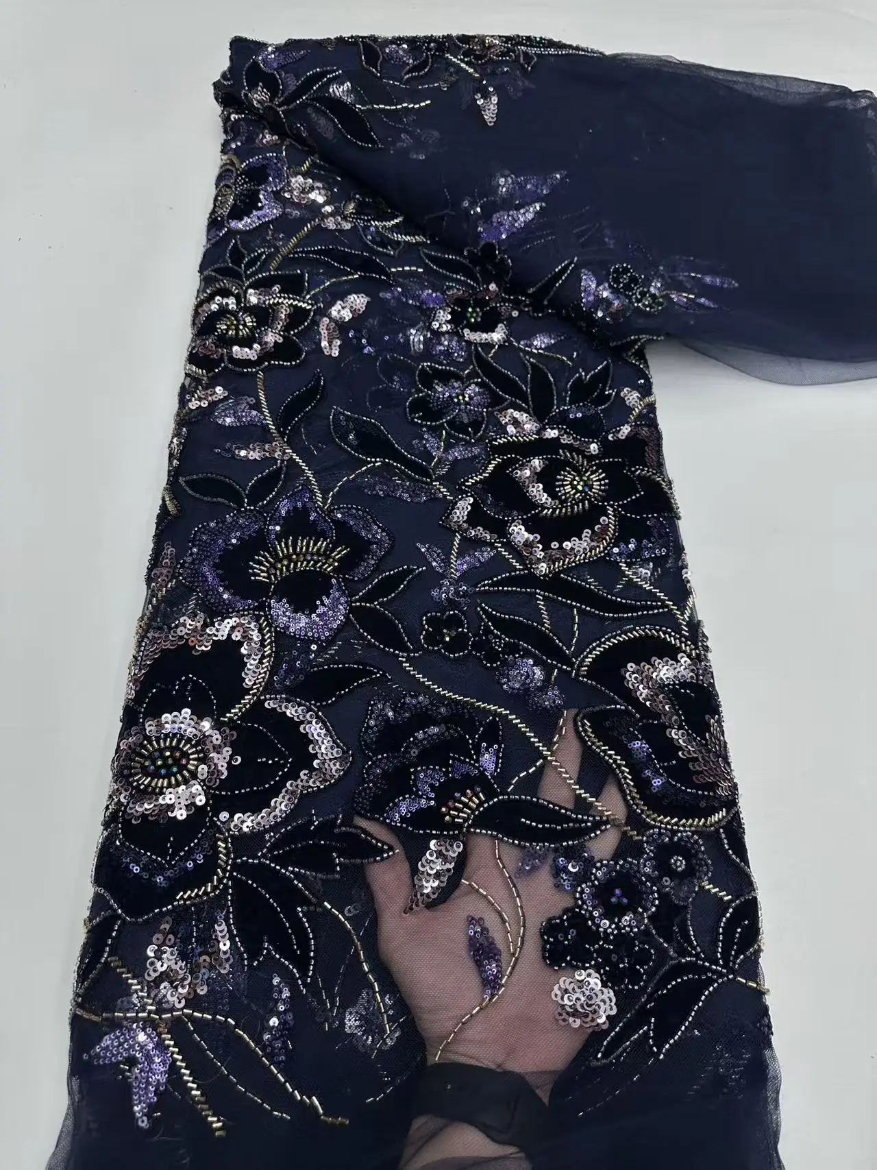 الأفريقي اليدوية الترتر مطرز أقمشة الدانتيل النيجيري جودة عالية المخملية اللؤلؤ أقمشة الدانتيل لفساتين الزفاف الزفاف SZ1780 #3