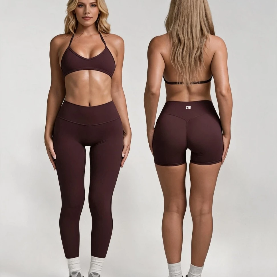 CS+B Women Halter Sports Bra High Waist Yoga Leggings Biker Shorts Naked Feel Tummy Control Gym Pilates Workout Activewear Set