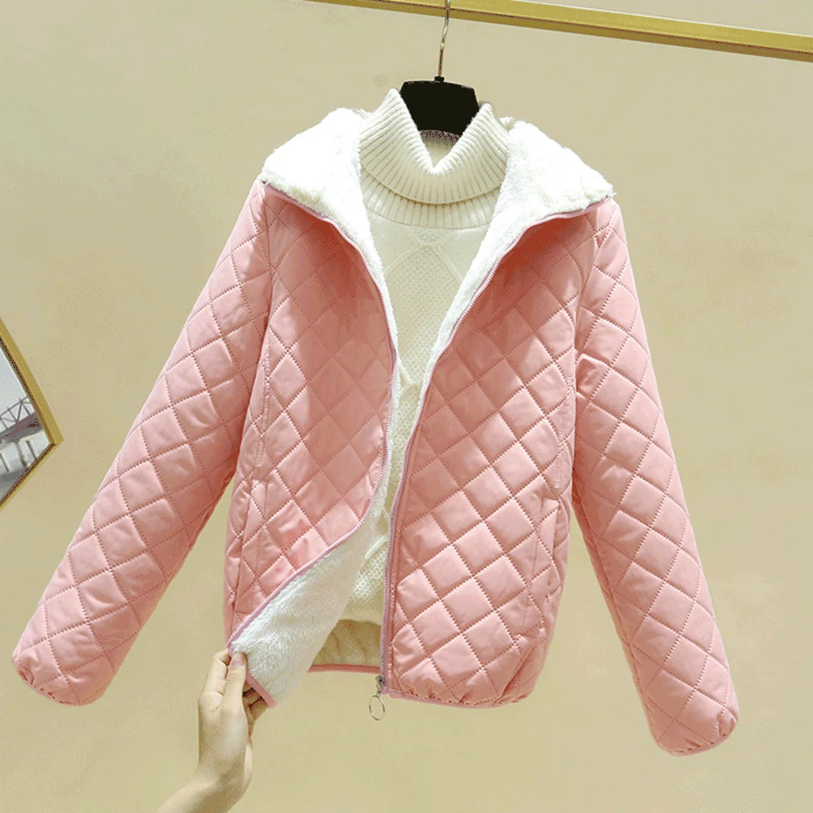 A Woman In A Light And Thin Rhombic Lamb's Wool Coat Long Quilted Vest Women Running Vests for Women