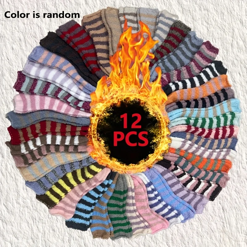 12 Stück mit Fleece gefütterte Wintersocken für Damen – dicke und warme Hausschuhe und Bodensocken, gestreifte Bündchen – weiche Strumpfhosen im Outdoor-Stil