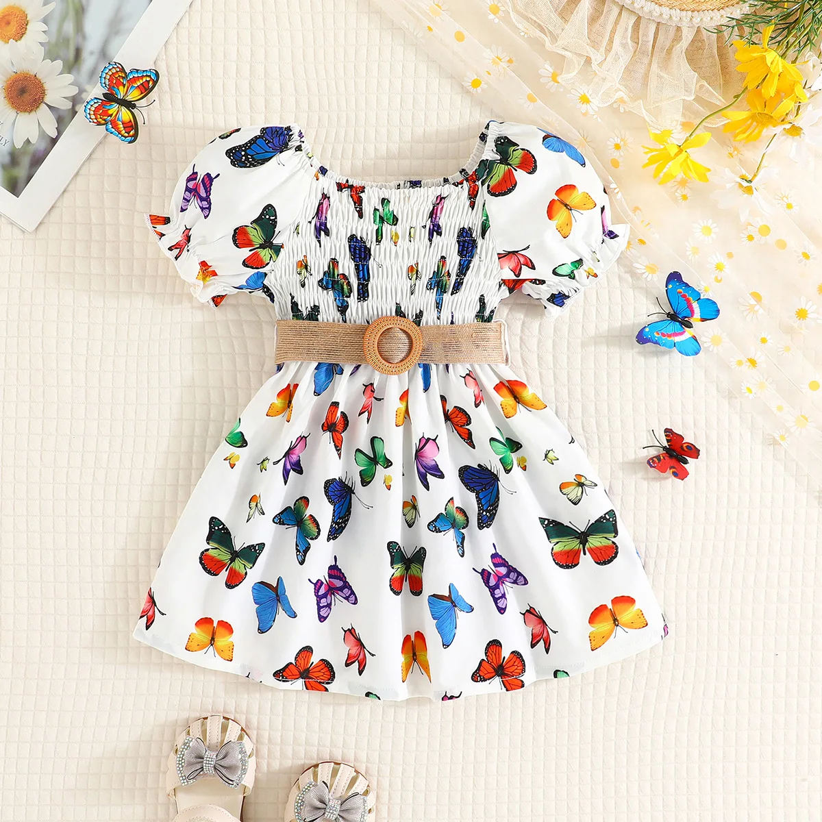 

Summer 2024 New Arrivals Girls Short Sleeve O Neck Ruched Print Butterfly White Infantil Menina Cute Party Dress Custume 0-2T