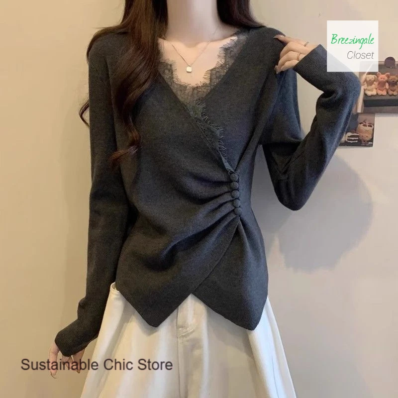 Camiseta de manga larga con cuello en V y costuras de encaje para mujer, diseño de moda de estilo coreano, nueva camisa de fondo irregular para otoño e invierno