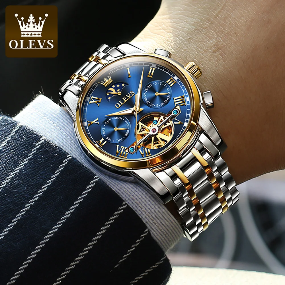 OLEVS 6617 Original Men Watch Luxury Skeleton Hollow Flywheel Automatic Watch for Men Calendar Waterproof Moon Phase Wristwatch