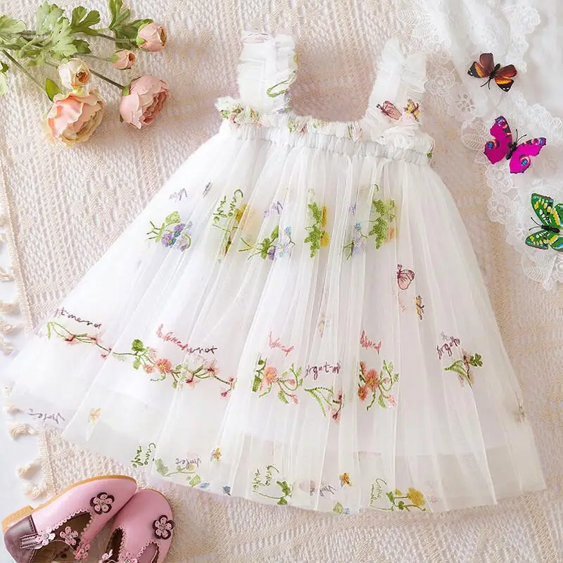 New Summer Girls\' Little Dress Children\'s Clothes Bow Strawberry/Flower Embroidery Mesh Princess Dress 1-5 Years Baby Girl Dress