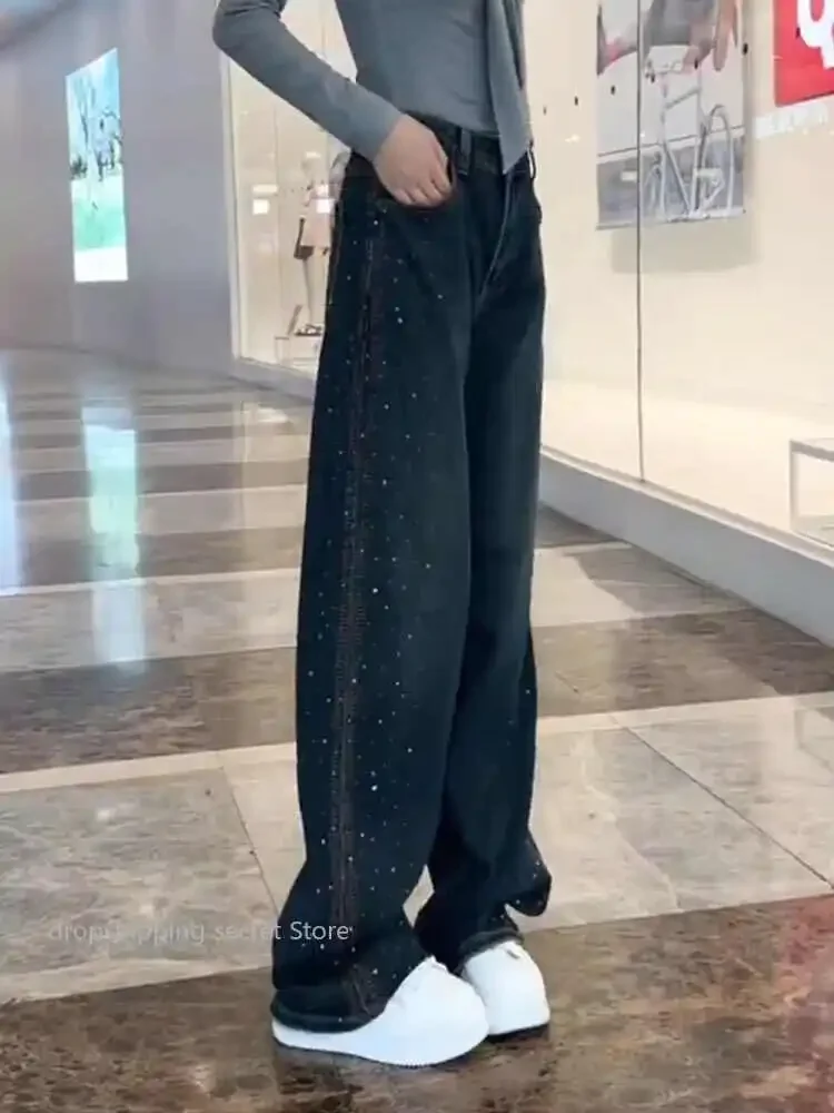 Retro Heavy Industry Diamond Hot Stamping Jeans for Women's Autumn Winter  High Waist Loose Slimming  Wide Leg Floor Pants