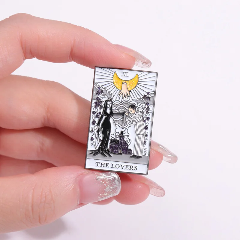 Comedy Badge Pins Brooch Creative Tarot Card THE LOVERS Anime Gomez And Morticia Addams Enamel Brooches Jewelry Gift Accessories image 2