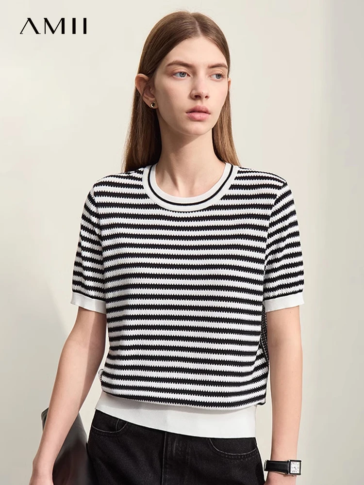 AMII Minimalism Striped Knit Sweater For Women 2024 Summer New Casual Round Neck Pullover Short-sleeve Spliced Blouse 12412007