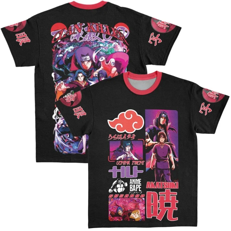 2026 New Naruto Shippuden Itachi Theme T-Shirt Multi-Character Comic Strip Akatsuki Logo Red Ribbed Collar,Casual Top Unisex