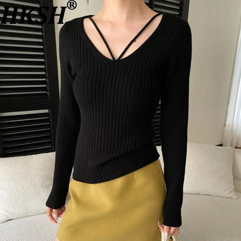 

HKSH 2026, весенний новый женский вязаный топ с длинными рукавами, однотонный, с v-образным вырезом, облегающий, универсальный, элегантный, шикарный, высококачественный трикотаж HK18188