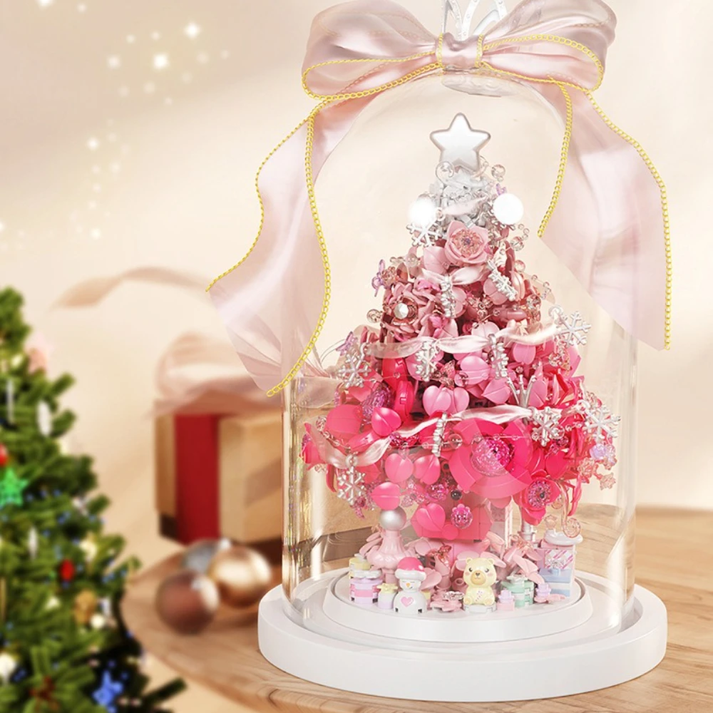 Set Blok Bangunan Pohon Natal Laut Bunga Merah Muda MOC Star Wish Dengan Lampu Mainan Spesial Festival Untuk Anak-Anak Hadiah Natal Liburan