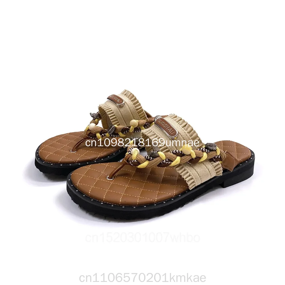 New Retro Woven Women's Slippers with Thick Sole Bohemian Style Beach Sandals and Flat Shoes for Wearing Flip Flops on the Outsi