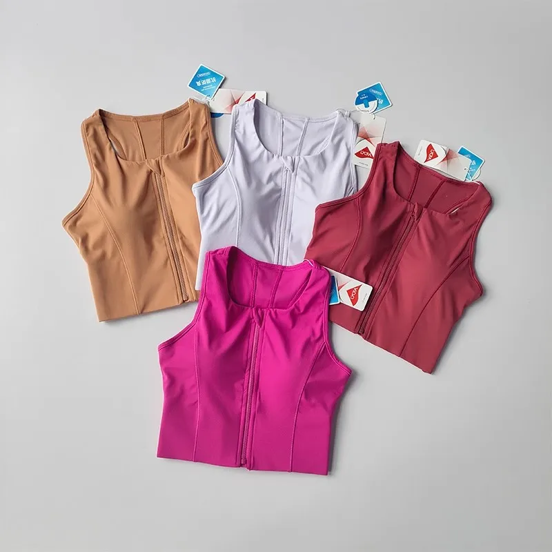 Sport- und Fitnessunterwäsche für Damen, integriertes Frontreißverschluss-Design, stoßdämpfende Raffung, schnell trocknende Yoga-Weste