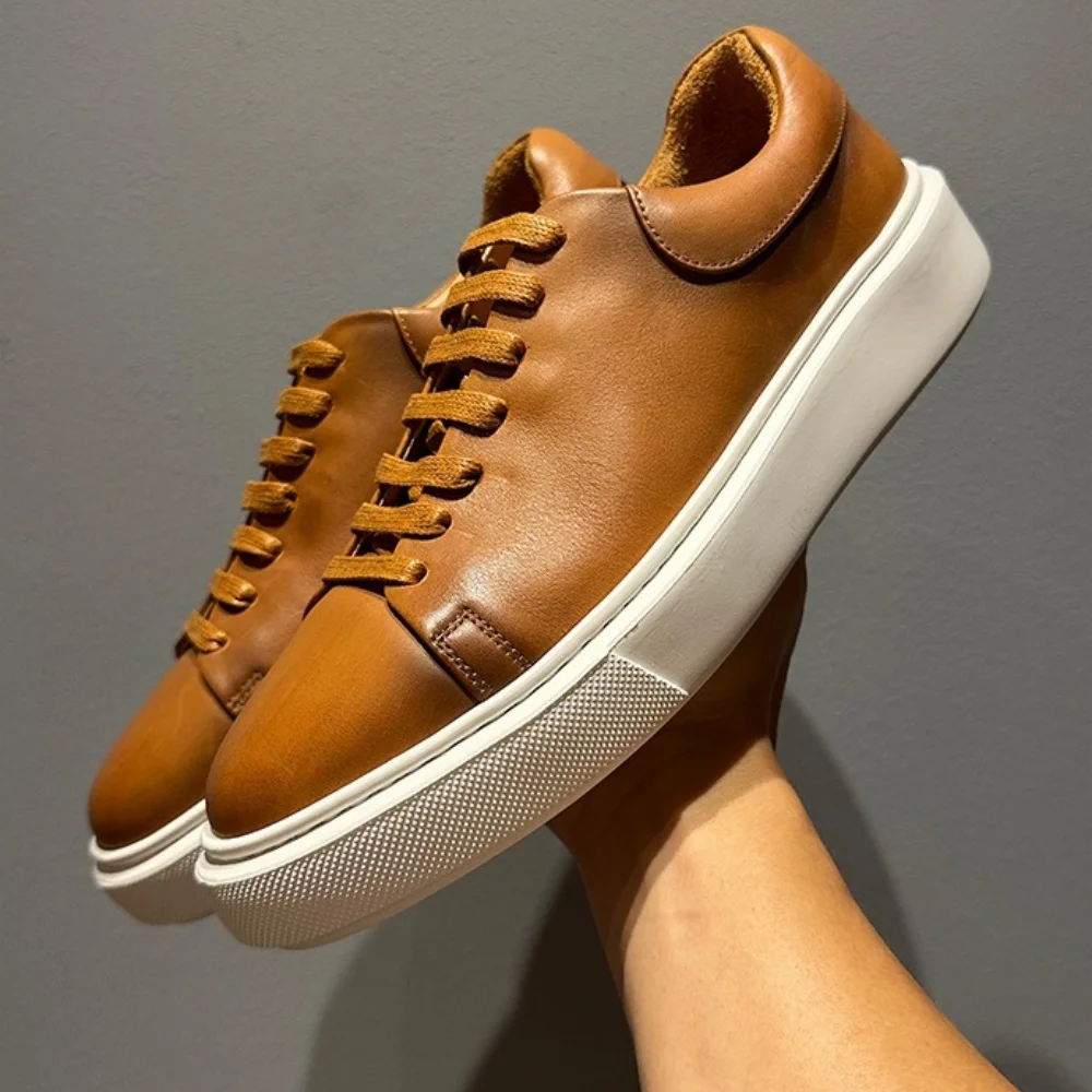 Men's Full-grain Cowhide Thick-Soled Durable Lace-Up Outdoor Casual Sneakers Korean Trendy Fashion Versatile Shoes