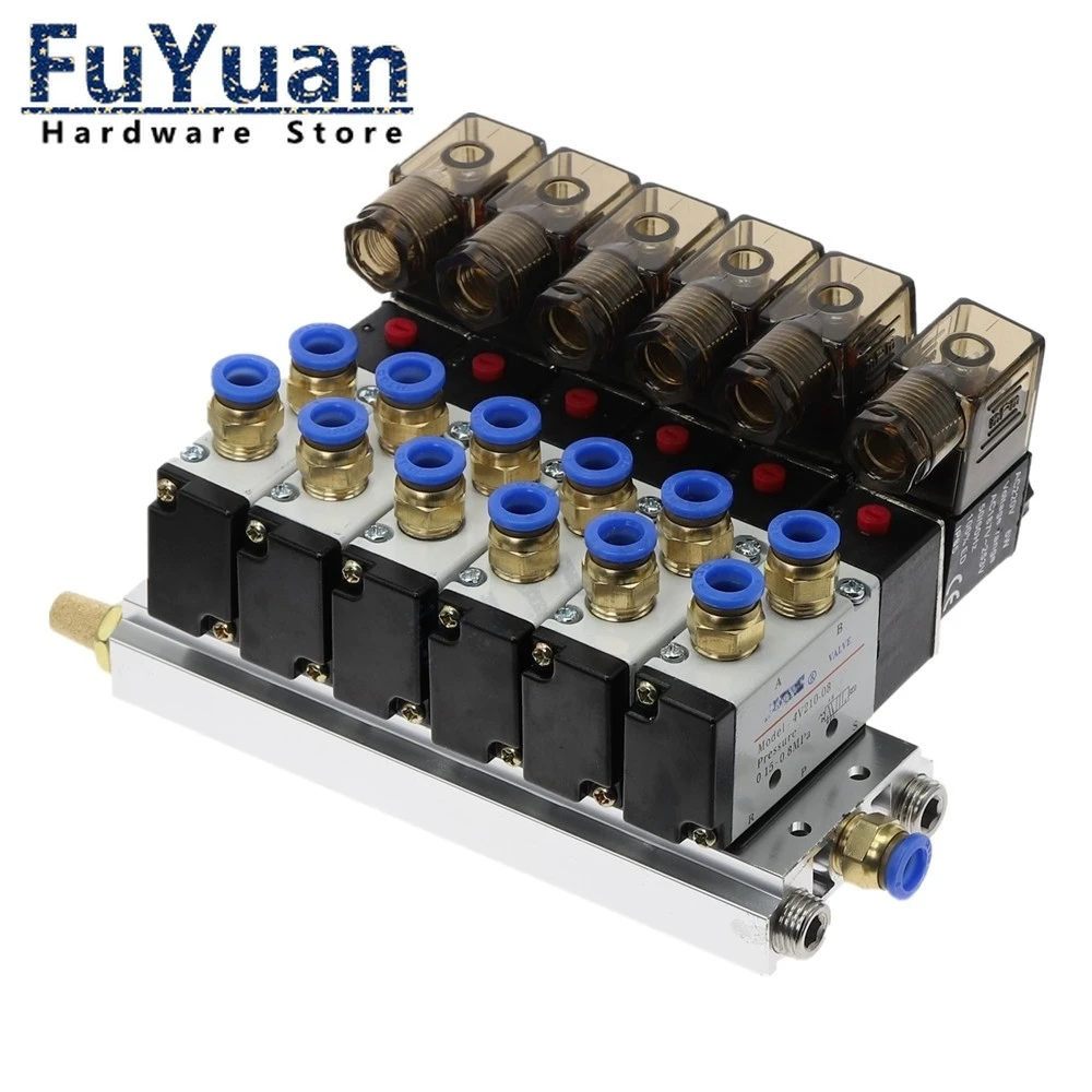 

6Way 4V210-08 12V 24V 110v 220v 6 Pneumatic Solenoid Valve Muffler 4mm 6mm 8mm 10mm 12mm Quick Fitting Base Set DIY