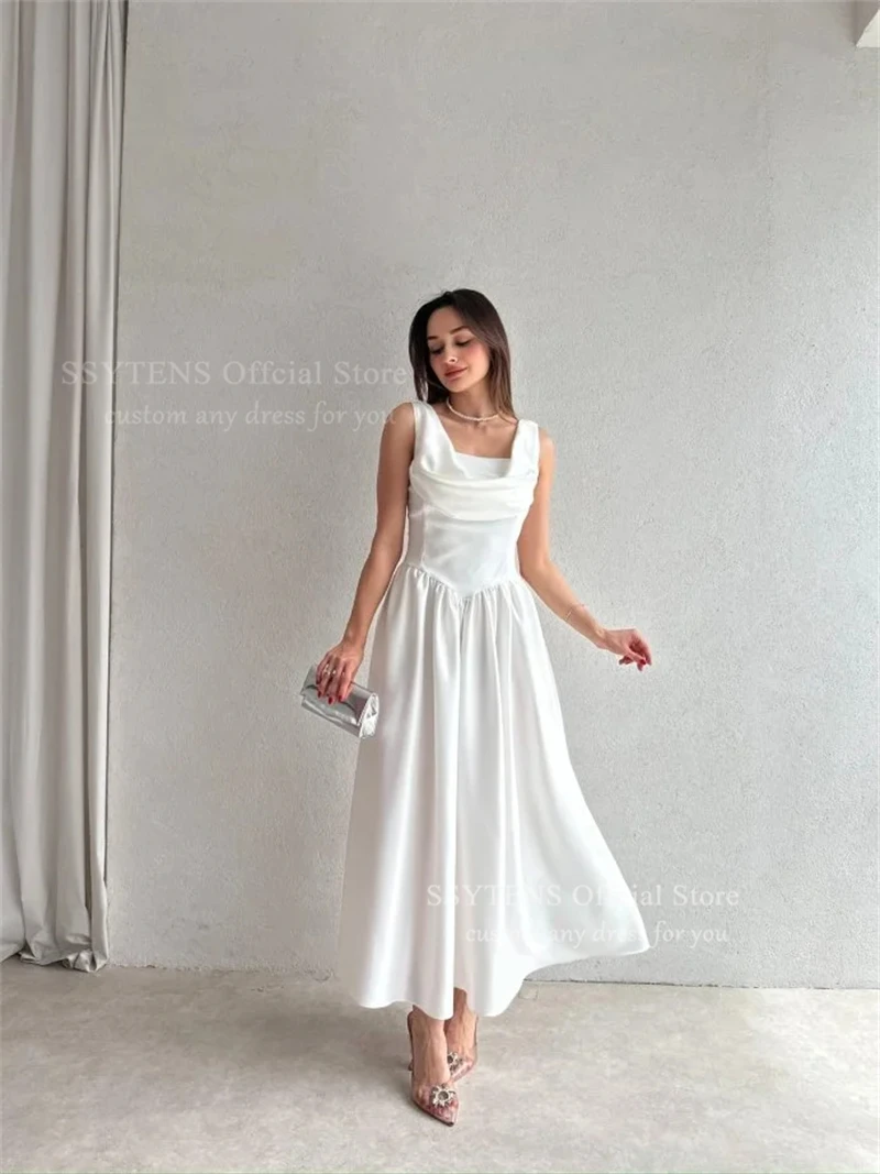 Gaun Malam Pernikahan Satin Seksi SSYTENS Gaun Prom Pengantin A-line Tanpa Lengan Midi Gaun Pesta Pernikahan Tanpa Punggung Disesuaikan 2026