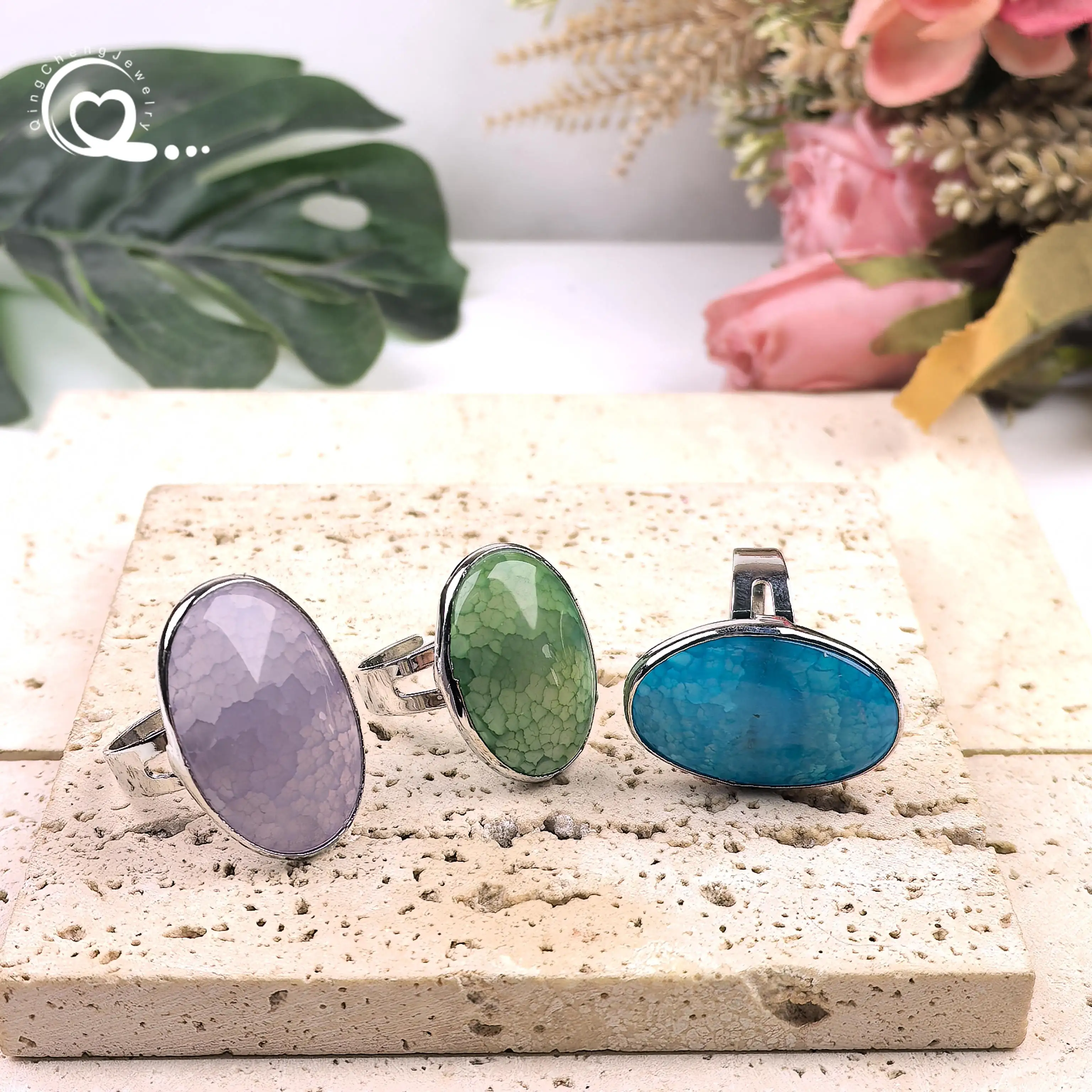 

Natural Dragon Vein Agate Rings Purple Blue Green Oval Onxy Gemstone Adjustable Finger Ring Women Fashion Boho Jewelry,QC4240