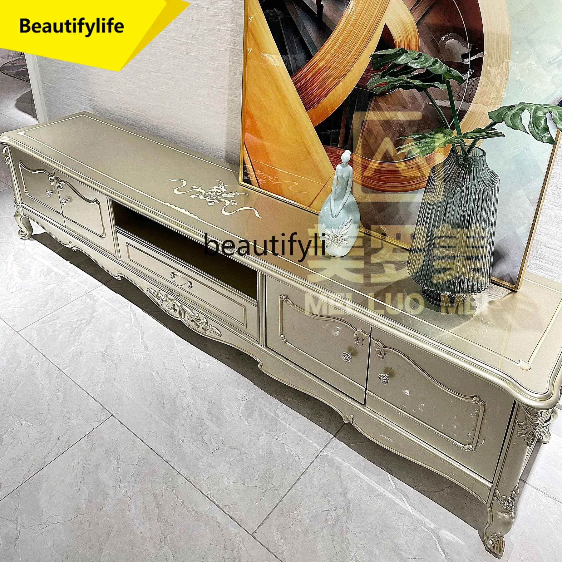 

LL A57 French light luxury solid wood carving flower European painted high-end villa luxury living room TV cabinet