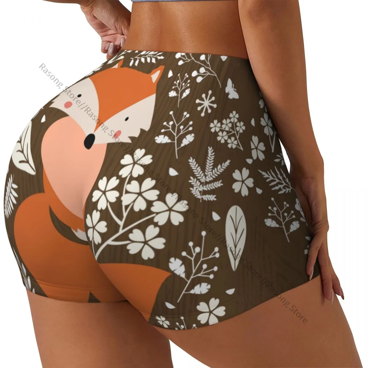 Women's Yoga Shorts Fox With Flowers On Wood Background Scrunch Booty Butt Lifting Comfort Fitness Gym