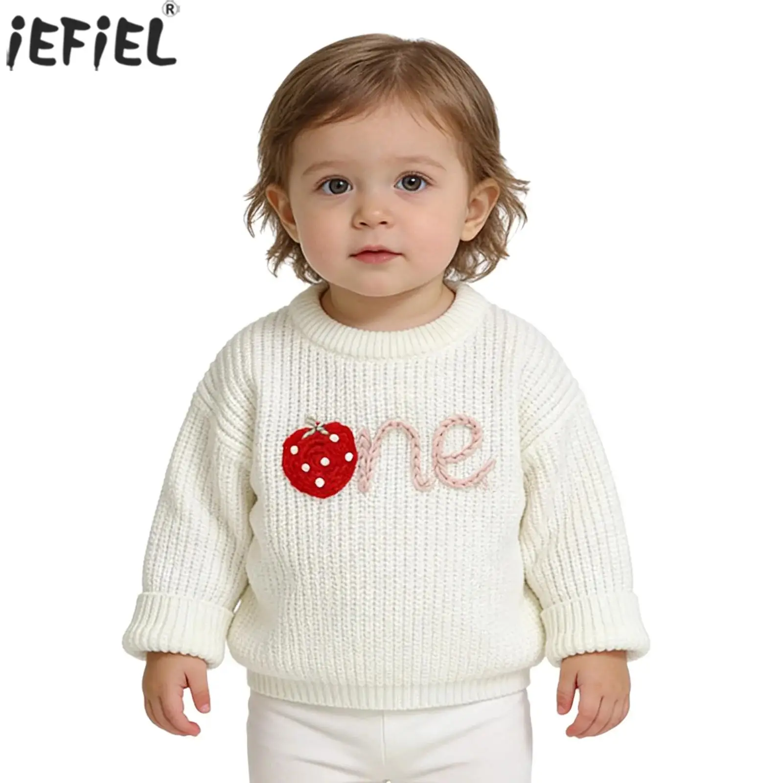 

Baby Boys Girls 1st Birthday Sweater Long Sleeve Strawberry Embroidery Knitted Tops Sweatshirt Autumn Winter Clothes Outfits