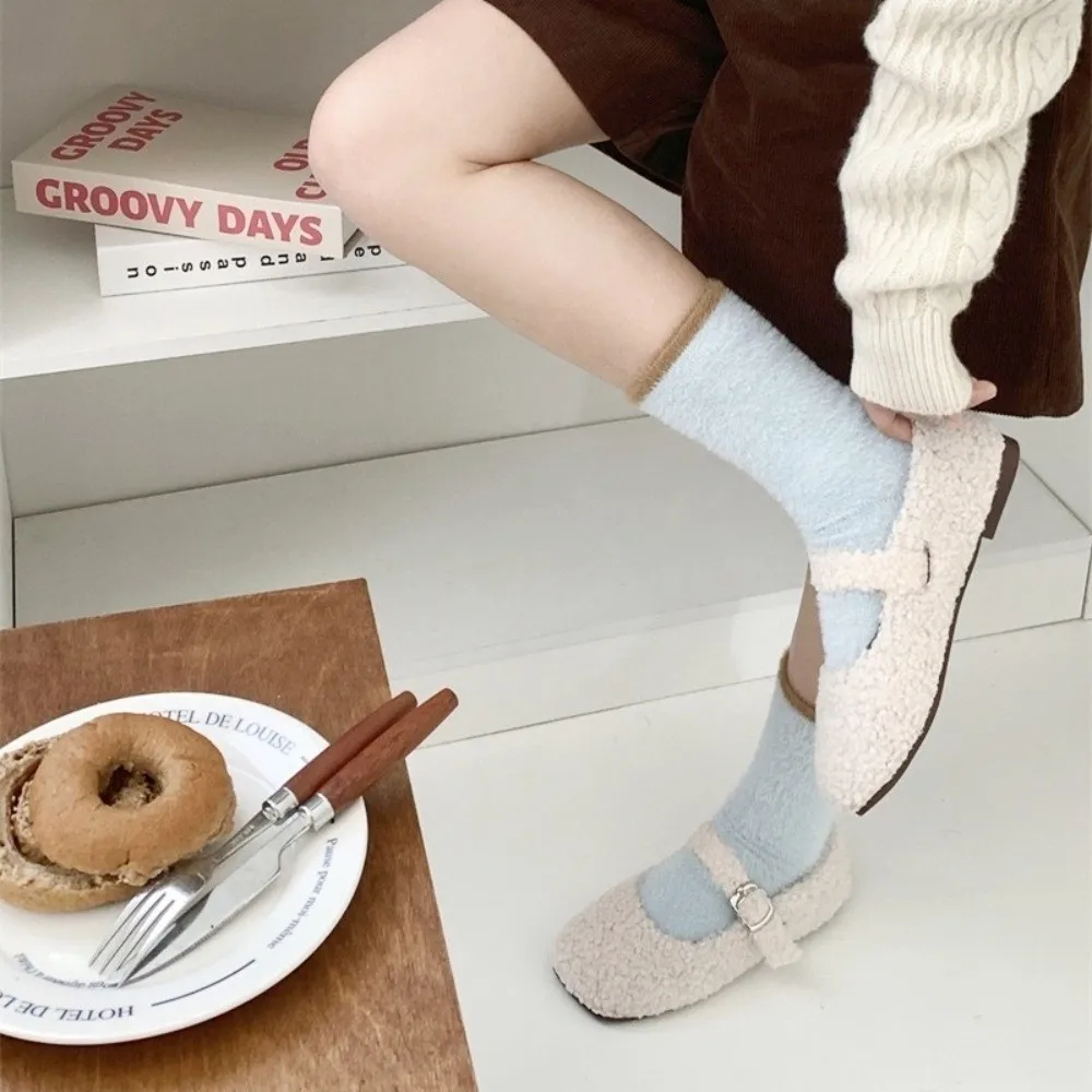 

Soft Colorblock Mink Velvet Socks Anti-slip Thermal Floor Sock Thicken Winter Warm Fluffy Mid Socks