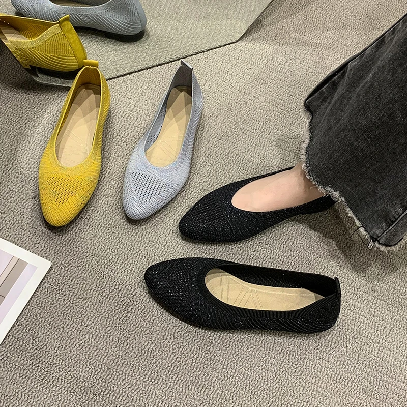 Pointed Toe Flat Shoes Women Solid Color Knitted Slip on Shoes Casual Breathable Ballet Flats Women Comfort Ladies Shoes