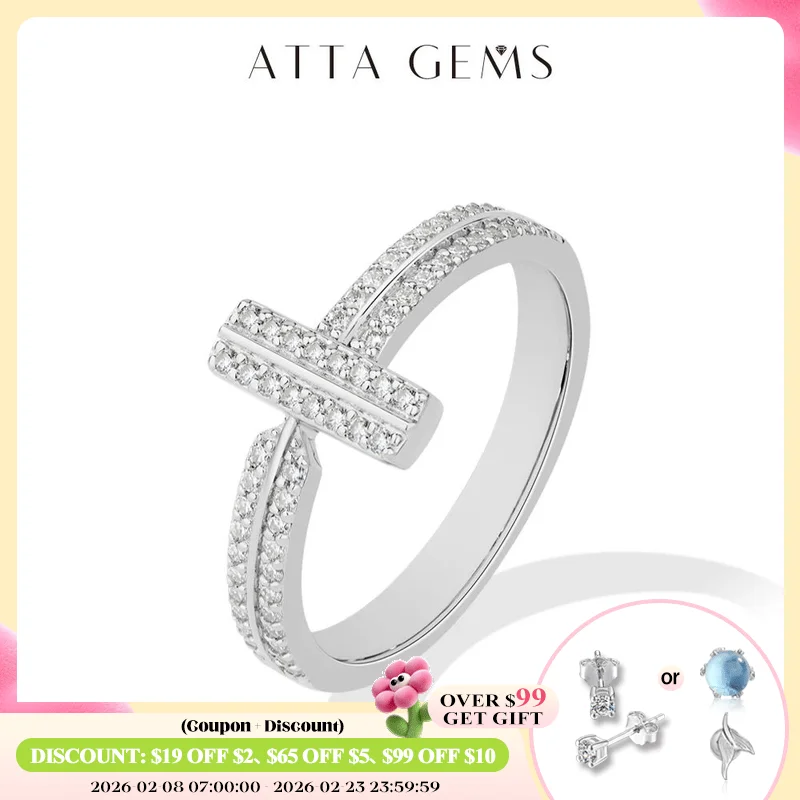 

ATTAGEMS 925 Sterling Silver Moissanite T-Bar Ring Double Band Paved Luxury Design Rings for Women Engagement Party Jewelry Gift