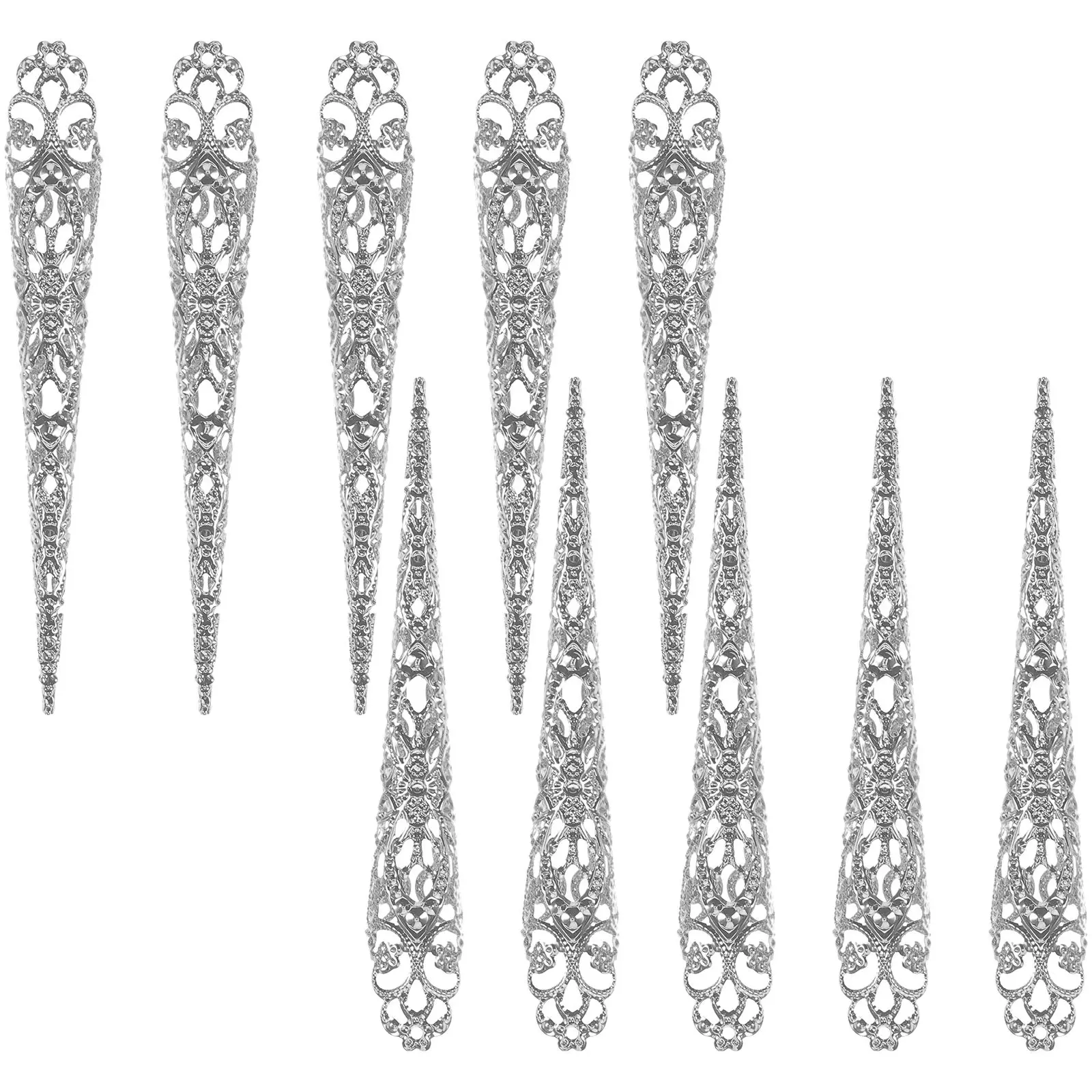 

10 Pcs Long Nail Fingers Tips Fake Nails Ring Jewelry Metal Breathable Easy Application Party Costumes Finger