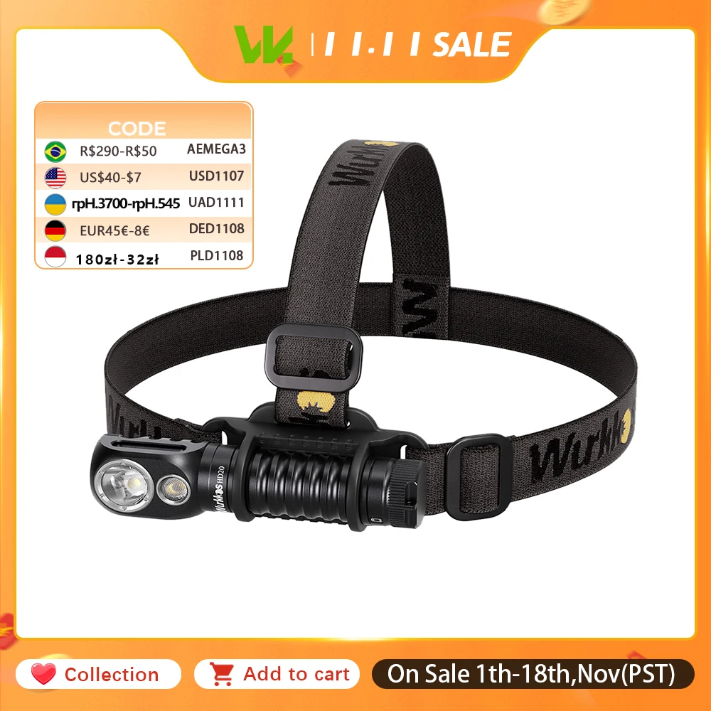 Wurkkos HD20 헤드램프 21700 낚시 손전등 2000 Lm 듀얼 LED USB 역방향 충전 마그네틱 테일 캡 EDC 작업 및 캠핑