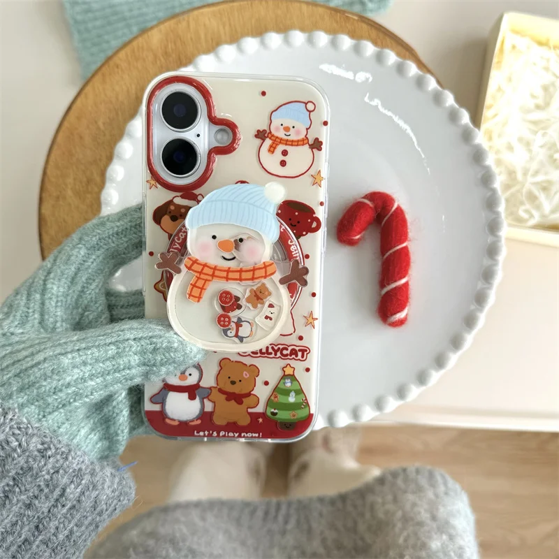 Linda bufanda navideña muñeco de nieve oso Magsafe funda de carga inalámbrica para iPhone 13 14 15 16 Pro Max sombrero de muñeco de nieve agitar soporte magnético