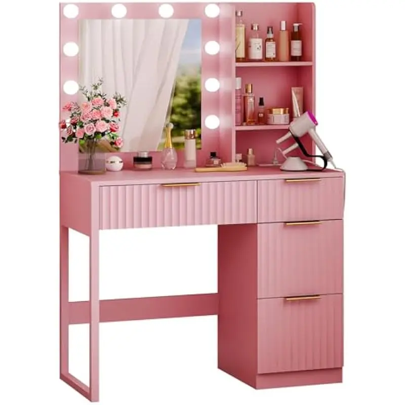 34in Fluted Pink Vanity Desk with Illuminated Hollywood Mirror Power Socket 4 Soft-Close Drawers 2 Open Shelves Engineered Wood