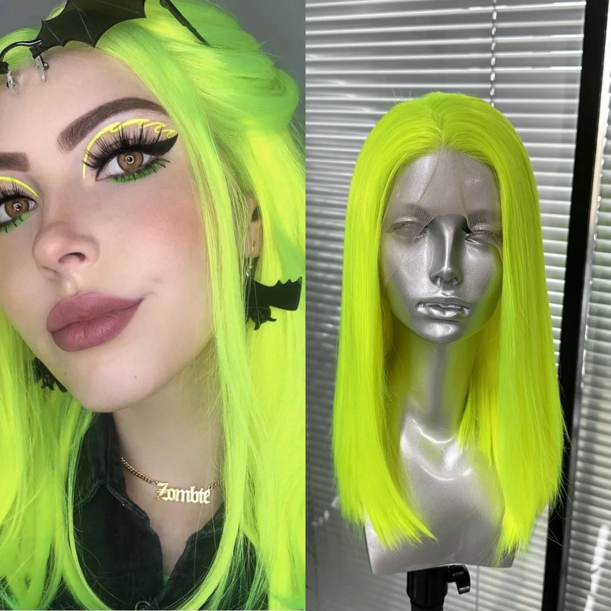 

Aiva Fluorescent Green Short Bob Synthetic 13x4 Lace Front Wig Glueless Heat Resistant 180 Density Cosplay Wigs For Black Women