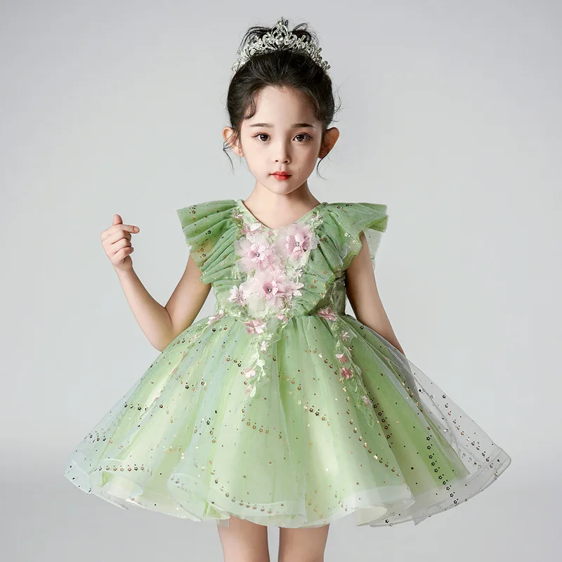 Youth Girls Green New Decal Mesh Flying Sequins Fluffy Skirt Children's Day School Stage Drama Performance Dress