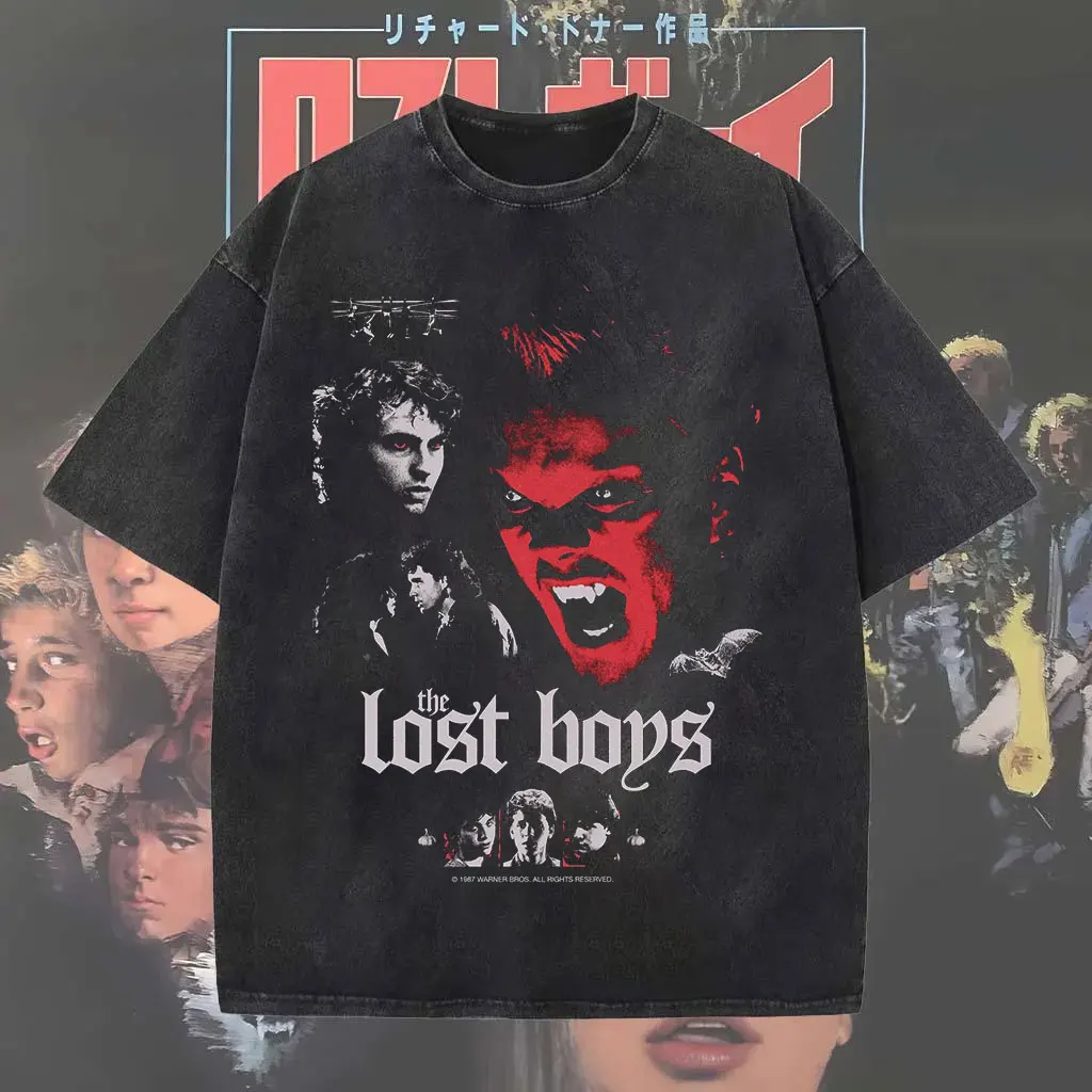 حمض غسلها تي شيرت الأفلام القديمة الكلاسيكية من 1980s The Lost Boys الجرافيك تي شيرت الرجال النساء الشارع القطن الإناث الذكور الملابس #3