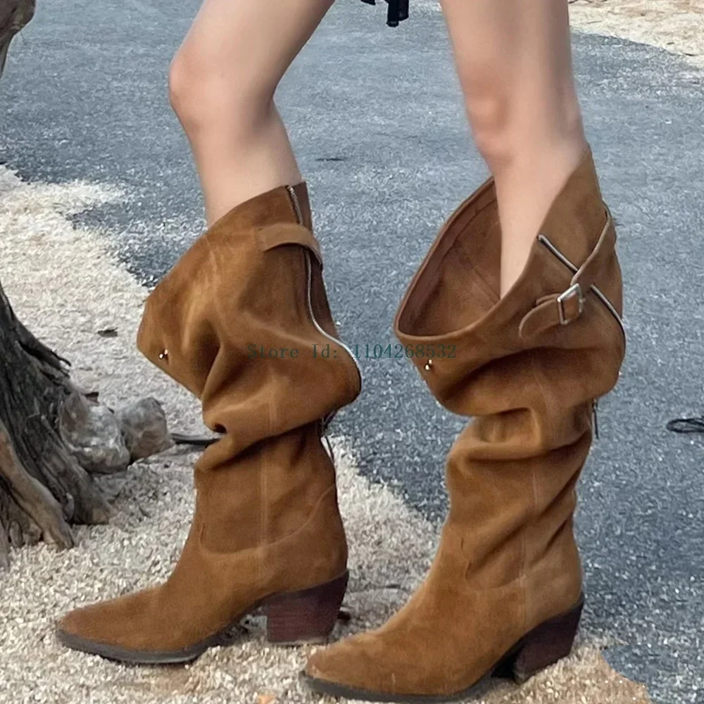 

Pointed Toe Thick Heel Genuine Leather SlouchyBoots Knee High Solid Buckle Strap Zipper Slip On 2025 New Arrivals