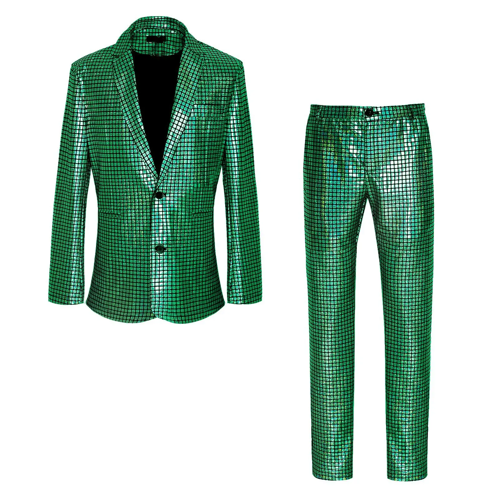 Mens Shiny Green Metallic Sequins Suits Blazer with Pants Set Two-Piece Set Outfit 70s Disco Nightclub Prom Costume Homme 4XL