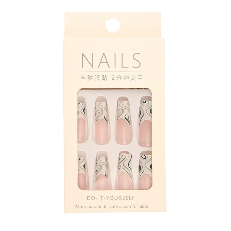 

Wear long nail, green pattern, European and American style fake nail finished product, removable nail art piece
