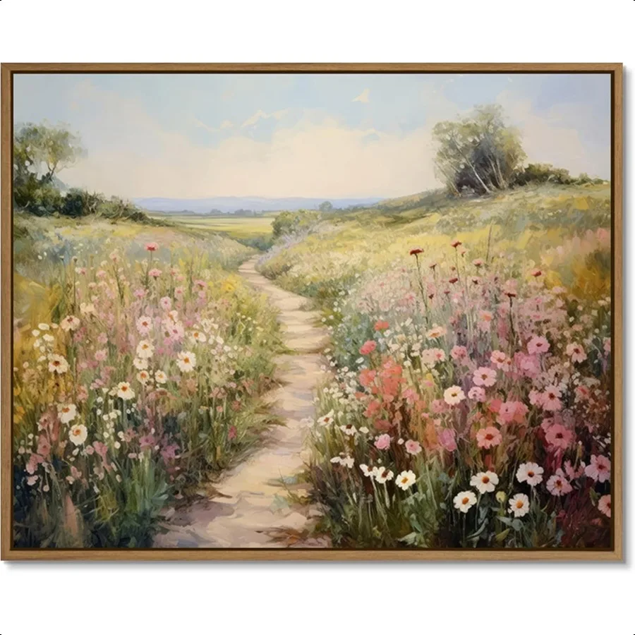 

Gardenia Art Framed Flowers Path Art Prints Colorful Wildflower Field Wall Art Nature Spring Landscape Canvas Painting Vintage